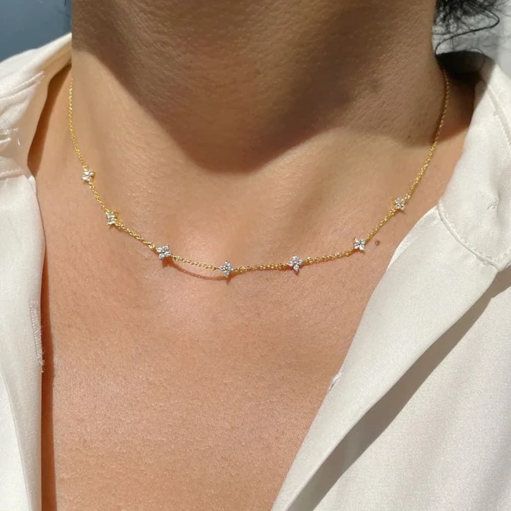 New Stainless Steel Zircon Necklaces for Women 18K Gold Plated Four Leaf Grass Collar Chain Necklace Luxury Jewelry Gift
