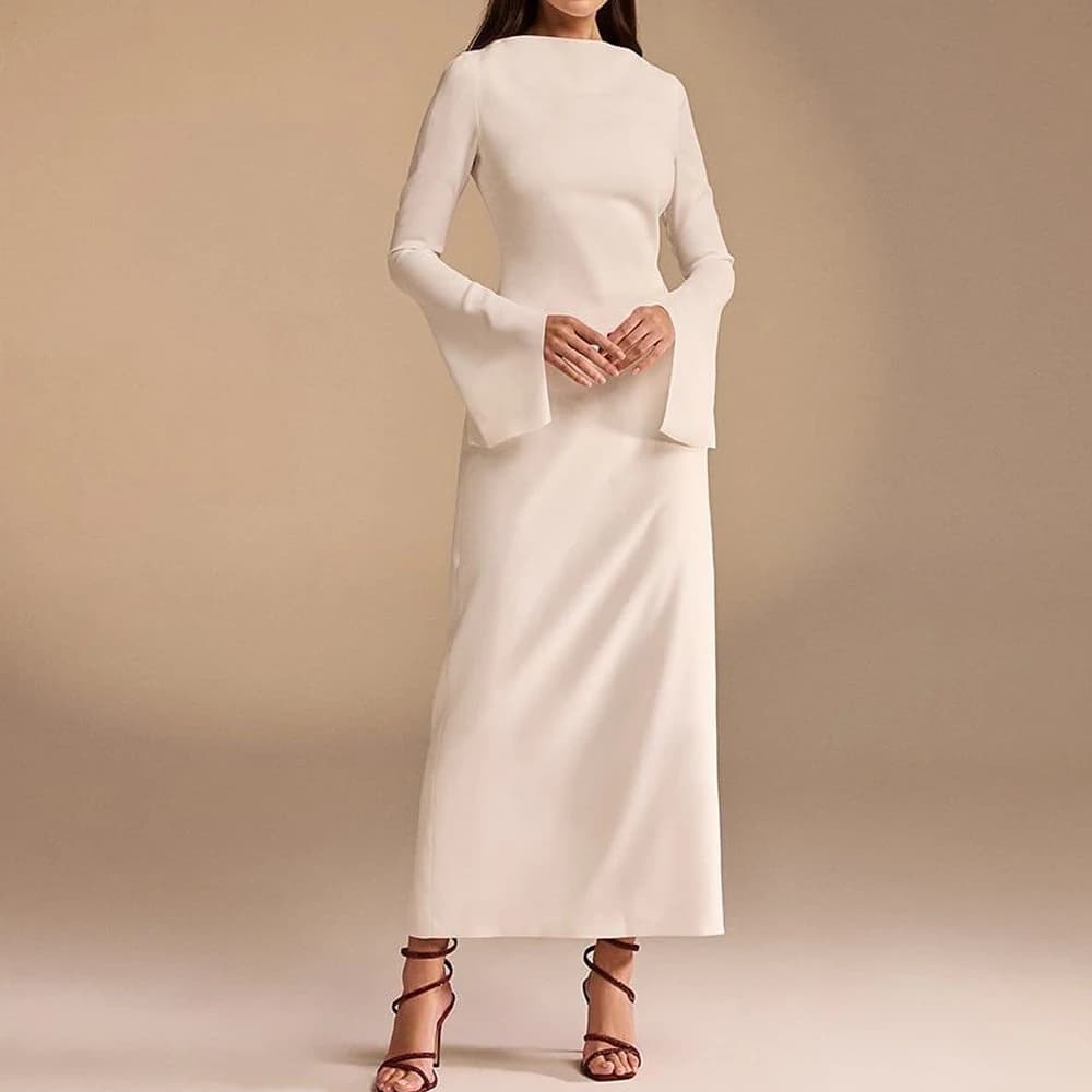 Customized Fashion Jersey Straight Back Slit Evening Dress High Quality Floor Length Long Sleeves vestidos para mujer