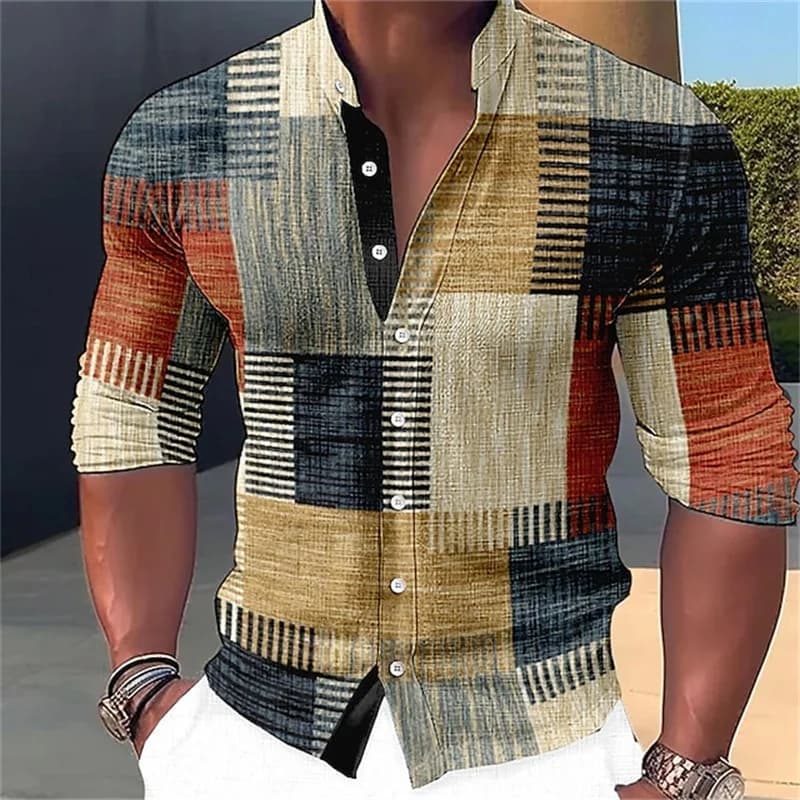 2024 Men's Shirt Geometric Print Stand Collar Outdoor Streetwear Long Sleeve Clothing Apparel Fashion Street Designer Casual