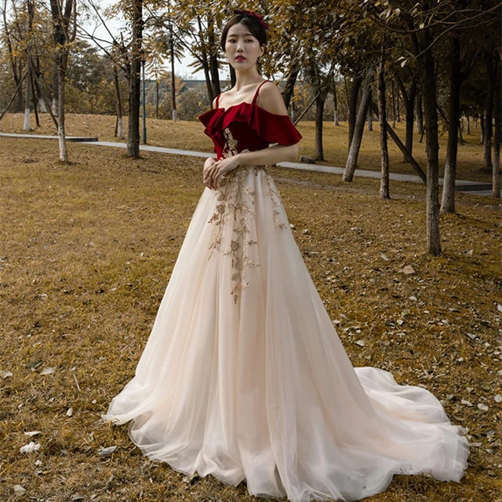 Customized  Burgundy Champagne Long Evening Dresses Flowers Appliques Off  Shoulder Sweep Train  Prom Dresses Woman Party Night