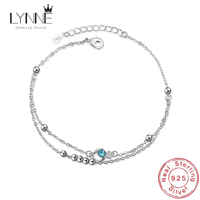 New Fashion 925 Sterling Silver Blue Zircon Small Fish Pendant Double Layer Anklets Women Jewelry Gift Sexy Beach CZ Foot Chain