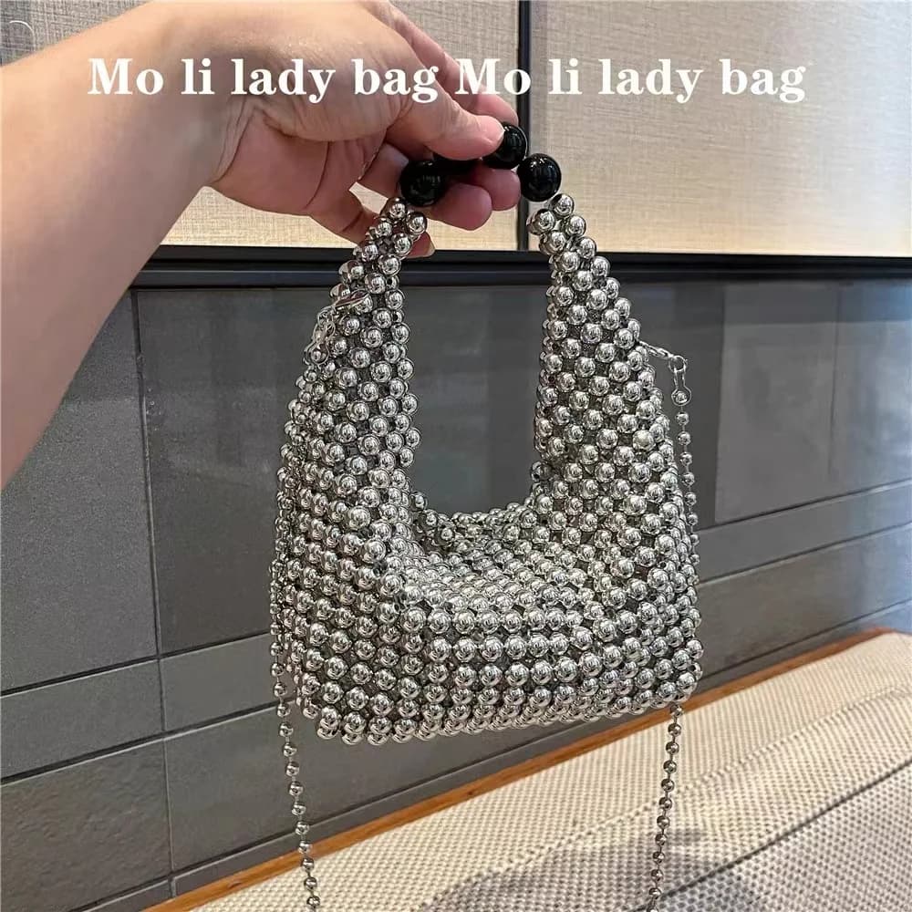 Fashion Hollow Out Hobo Bag Shiny Silver Beads Beading Woven Handmade Women Handbag Shoulder Messenger Bag Female Casual Bag
