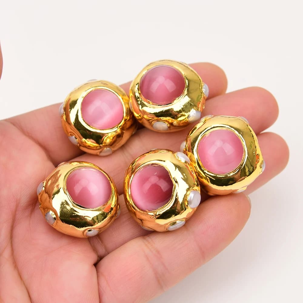 APDGG 10 Pcs Big 25mm Pink Cat Eye Cultured White Pearl Paved Gold Edge Plated Bezel Loose Beads Jewelry DIY