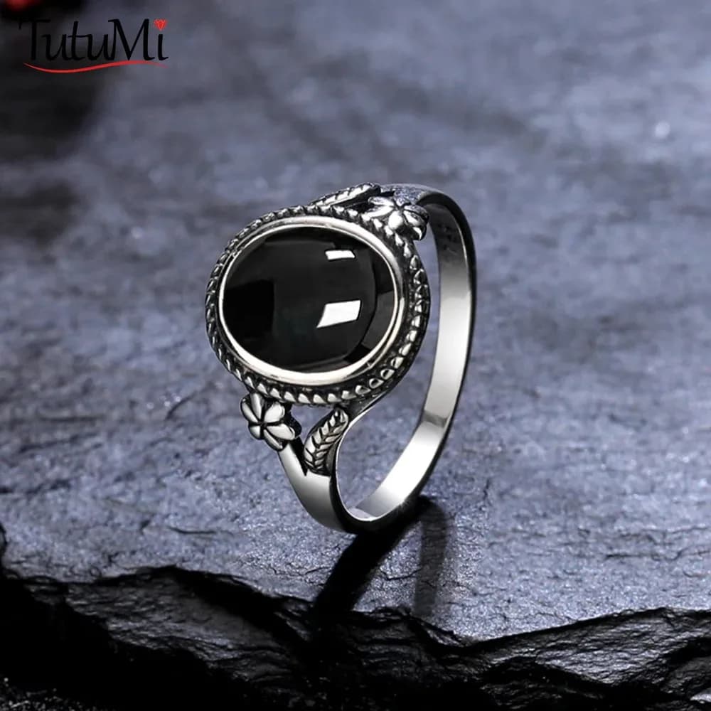 925 Sterling Silver Natural Black Onyx 8*10mm Ring for Women Gift Flower Shaped Tiger's Eye Ring Fashion Jewelry
