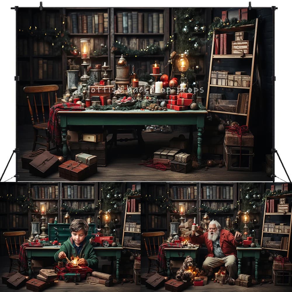 Santas Studing Room Backdrop Kids Adult Photography Child Baby Birthday Props Trees Gifts Christmas House Backgournd