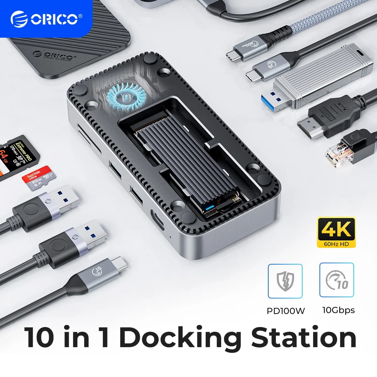 ORICO-USB C HUB with Cooling Fan M.2 NVMe SATA SSD Enclosure External 10Gbps 4K 60Hz HDMI-Com RJ45 SD TF Docking Station