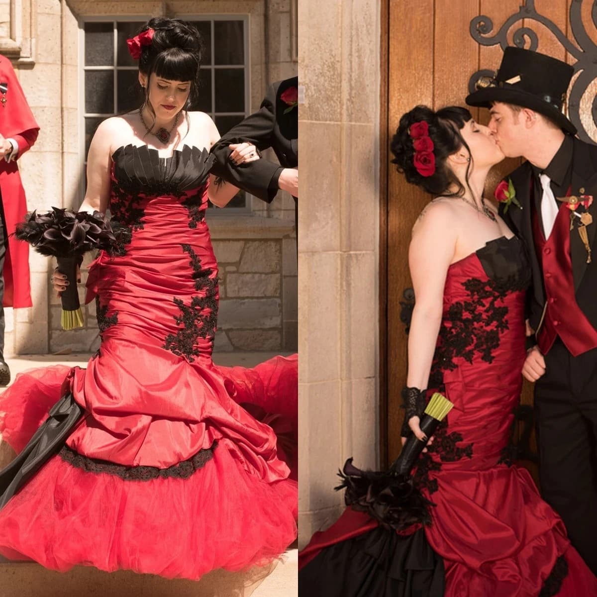 Dark Red and Black Steampunk Mermaid Wedding Dresses 2025 Sweetheart Applique Gothic Lace-up Corset Outdoor Bridal Gowns