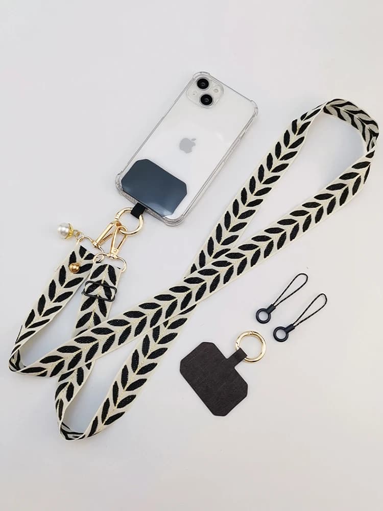 Adjustable Crossbody Long Mobile Phone Lanyard Wide Cloth Neckband Strap Rope Women's Pearl Hanging Ornaments Anti-Lost Lanyard