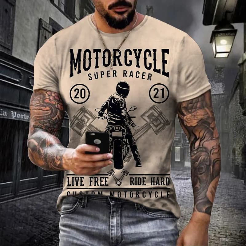 Retro Motorcycle Graphic Men's T-shirt Casual Beige Men's Short Sleeve Loose Pullover Top Soft Polyester Clothing Extra Large