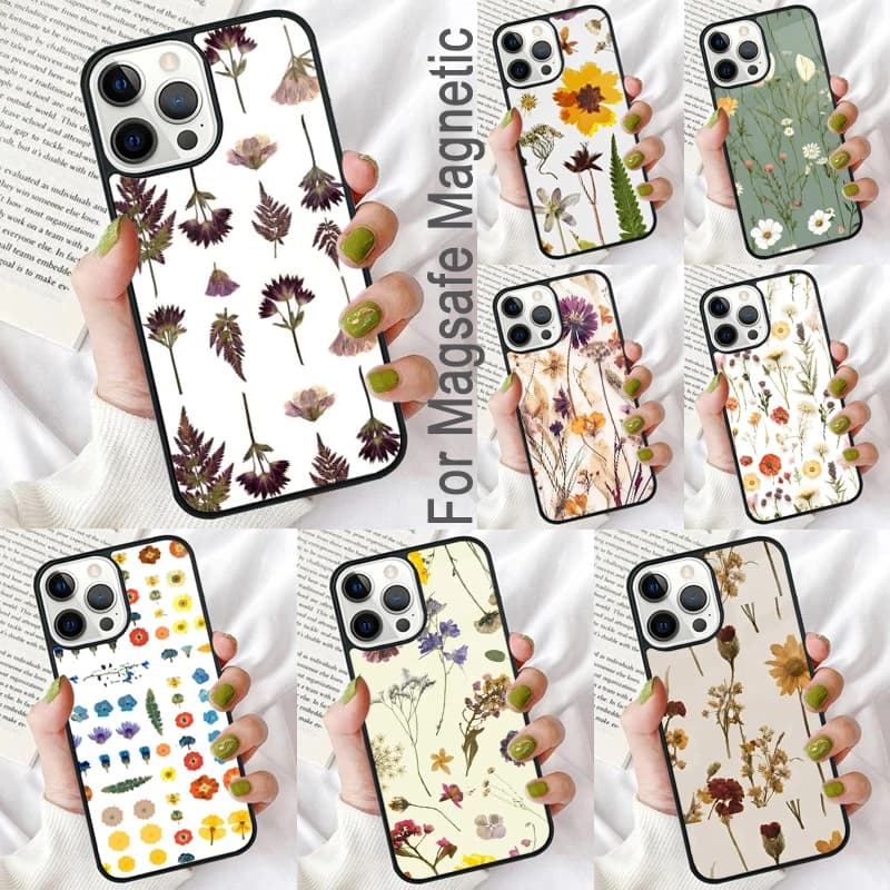 Flowers Pressed Magnetic Soft Phone Case for iPhone 16 Promax 15 Pro 13 14 Plus 11 12 Mini MagSafe Coque
