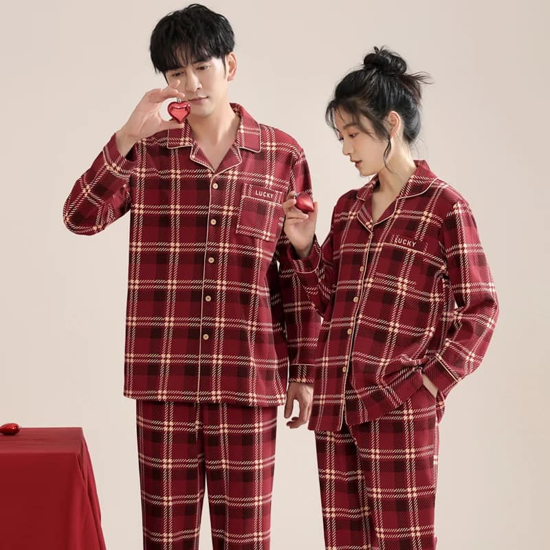 Newest Spring and Autumn Couple Pajama Set Long Sleeve Cotton Leisure Men and Women Turn-down Collar Plaid Pyjamas