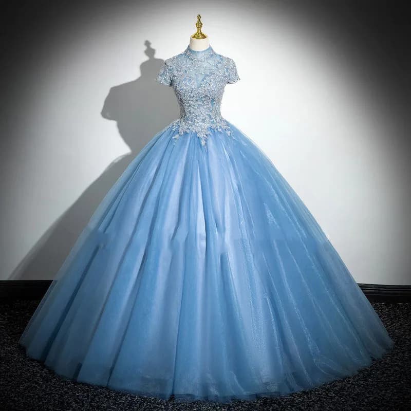 Blue Tulle Princess Dresses New Elegant High-neck Quinceanera Dresses Simple Floo-length Puffy Graduation Dresses Customized