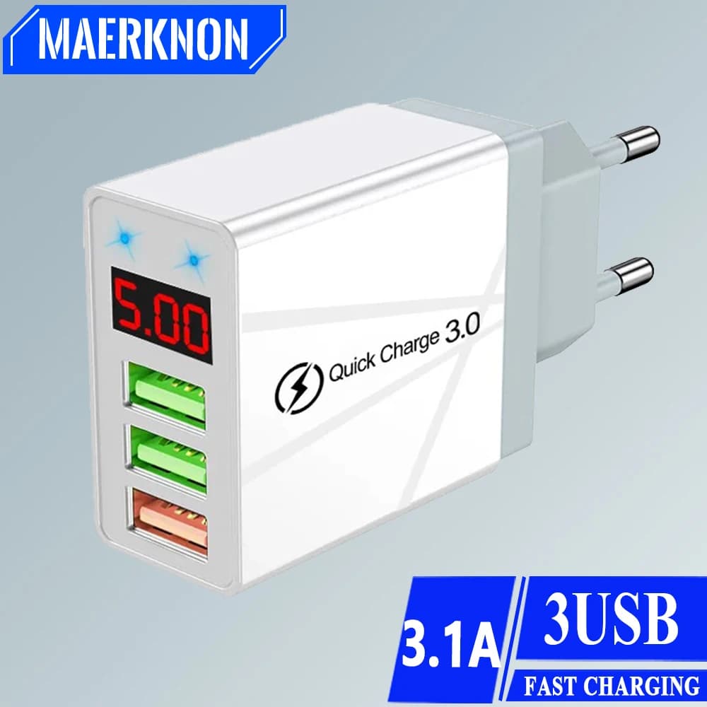 3 Ports USB Charger Quick Fast Charging Wall Adapter with LED Digital Display For Samsung S23 Xiaomi 14 Pro Huawei Mate 60 Redmi