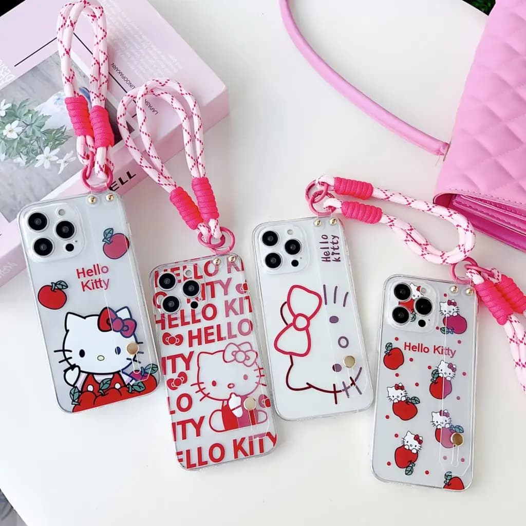Cute Hello Kitty Case Wrist Strap Holder For iPhone 15 14 13 12 11 Pro Xs Max Xs XR 7 8 6 Plus SE 2020