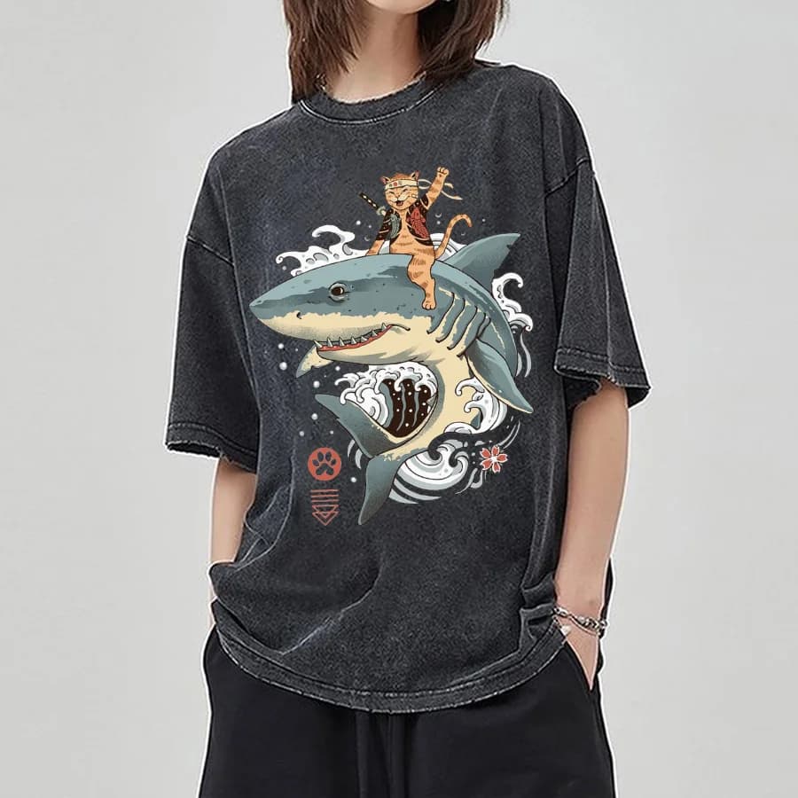 Japanese Distressed Style Cartoon Shark Print Women T-Shirt Washed Denim Oversized Unisex Half-Sleeved Otaku Cute Top Everyday