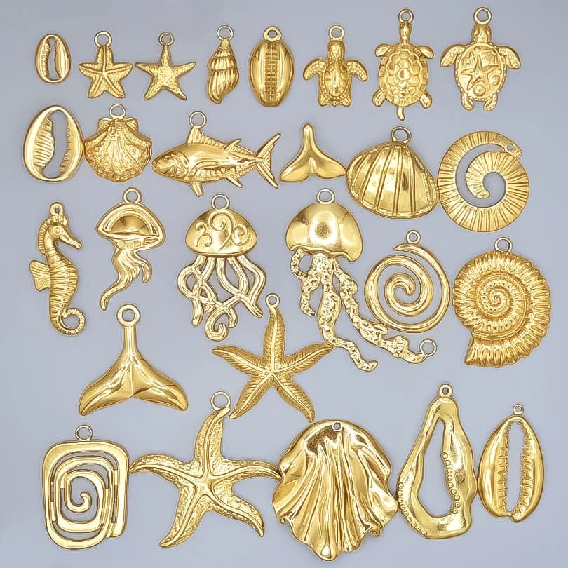 6pcs Real Gold Plated Ocean Animal Turtle Shell Conch Starfish Diy Charms For Jewelry Making Bulk Stainless Steel Charm Pendant