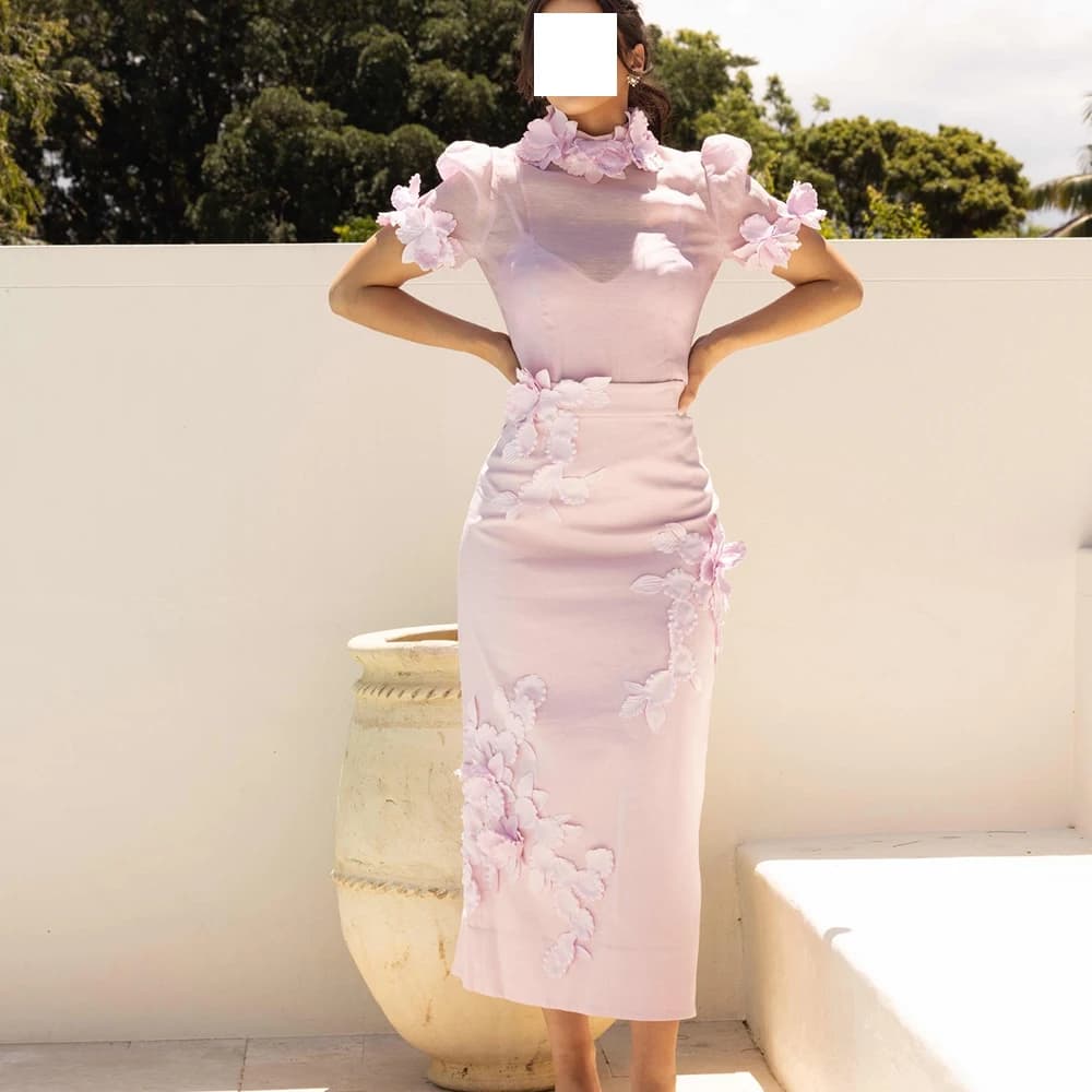 Customized  Classic Straight Tea Length High Collar Jersey Short Sleeves Appliques Evening Dress Fashion vestidos para 