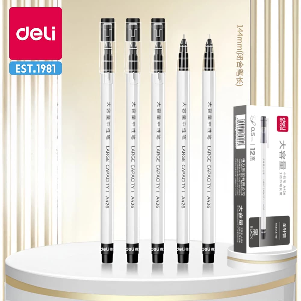 Deli Large Capacity Gel Pens 0.5mm Needle Tip Black Blue Red ink 12pcs/box Writing Pen School Supplies Back to School