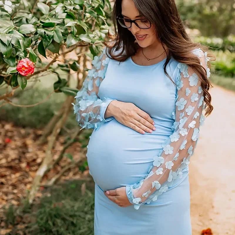 Maternity Photoshoot Dresses Floral Mesh Long Sleeve Pregnancy Photography Midi Dress Maternity Bodycon Dress for Baby Shower