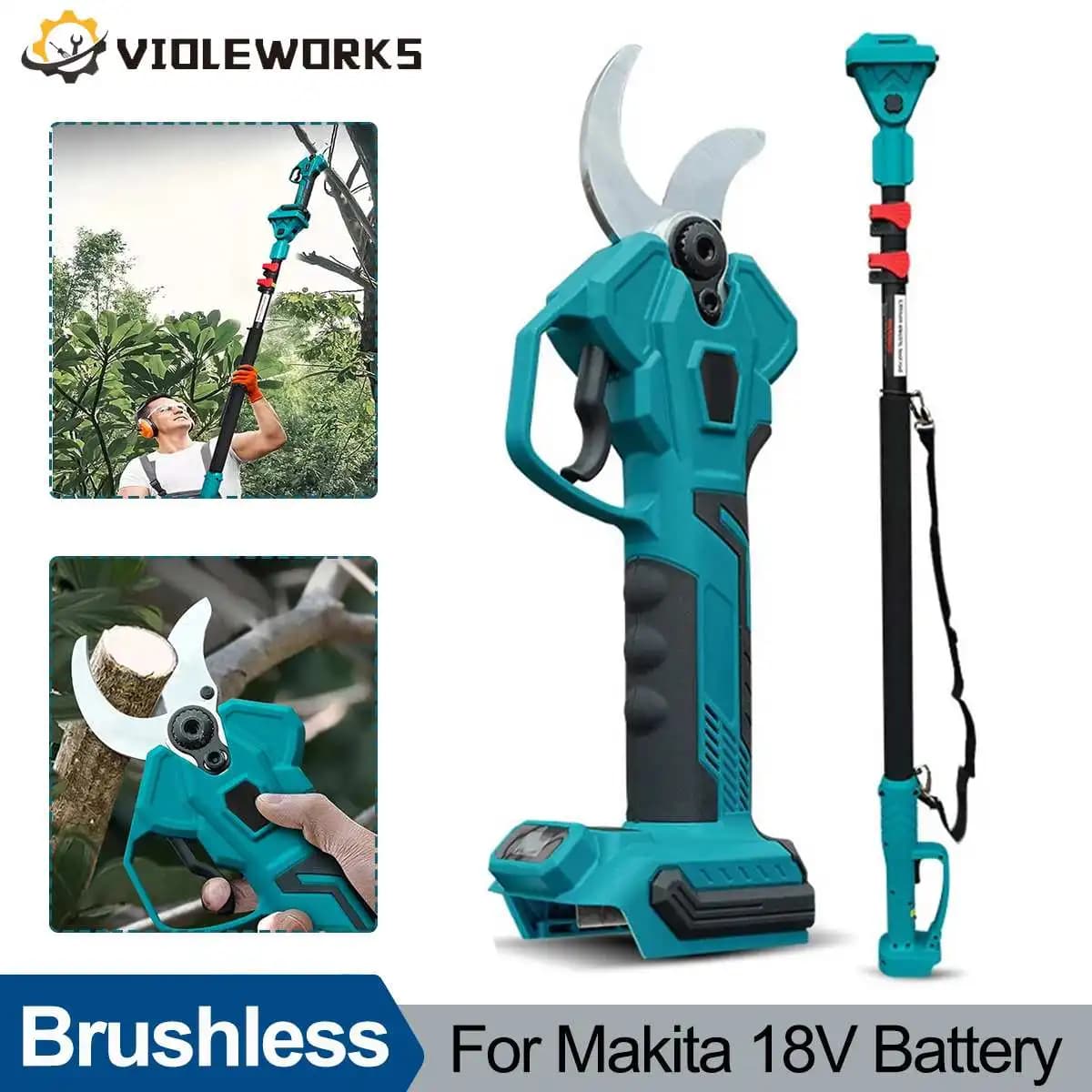 35mm Brushless Electric Scissors Pruner with 2.8m Telescopic Extension Pole Fruit Tree Bonsai Pruning for Makita 18V Battery