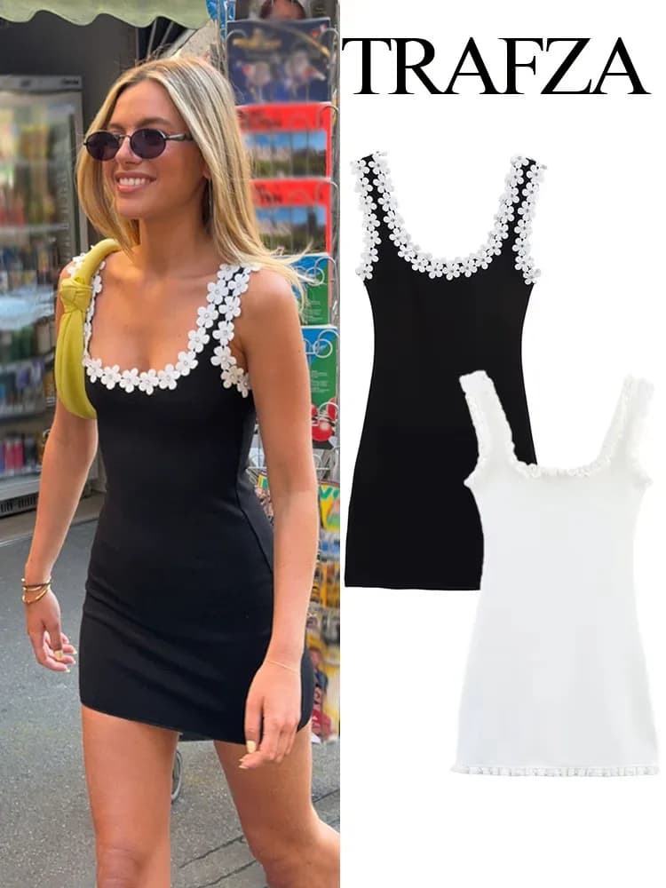 TRAFZA Female Summer Sexy Slim Dress 2 Color Solid Square Collar Sleeveless Backless Flower Decoration Women's Fashion Dresses