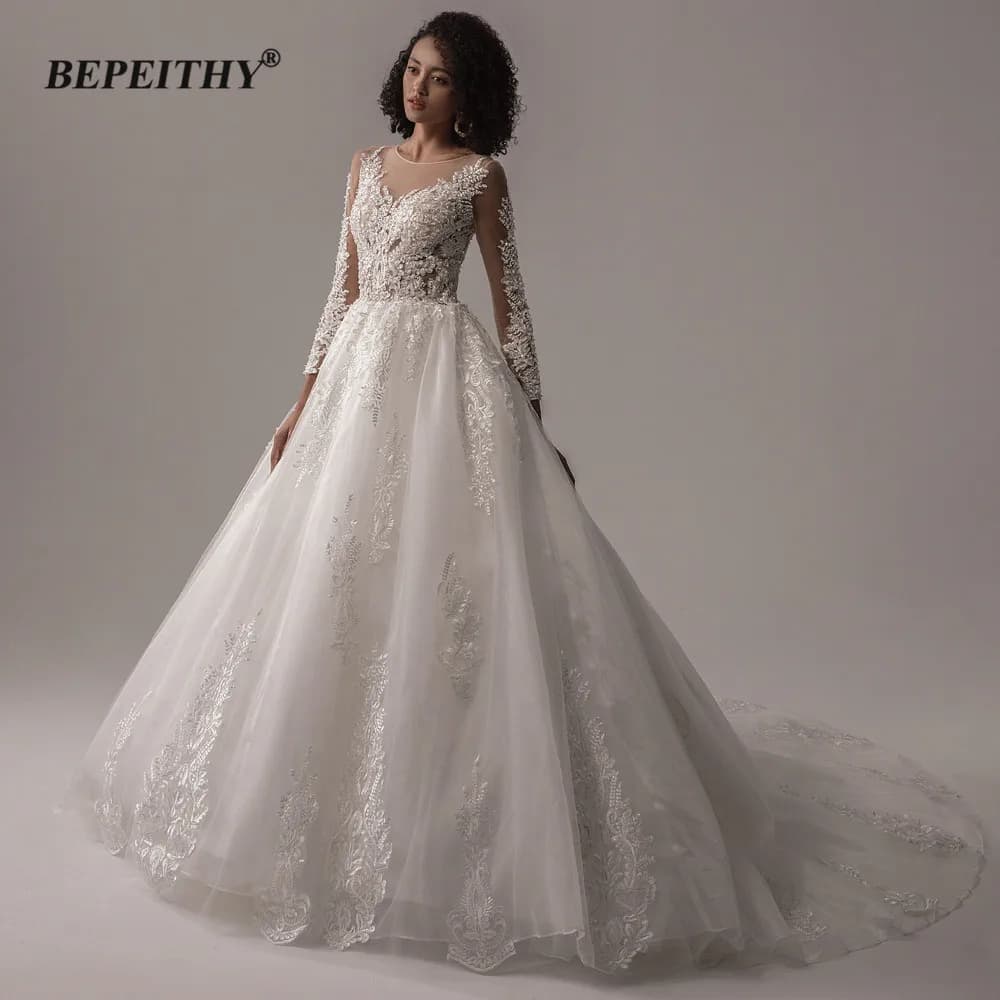 BEPEITHY Customized Lace Wedding Dresses For Women 2023 Spring Princess O Neck Long Sleeves Bridal Ball Gown Vestidos De Novias