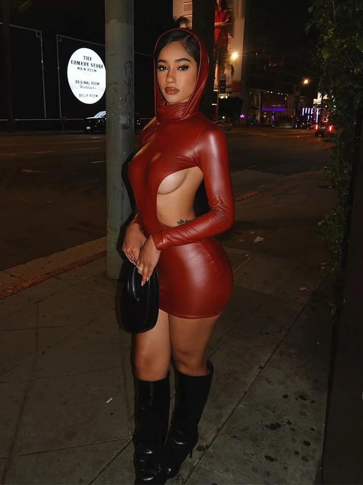 OMSJ 2023 Sexy Open Back Leather Hooded Tight Dress For Women Fashion Long Sleeve High-waist Cutout Wrap Hip Mini Dress Clubwear