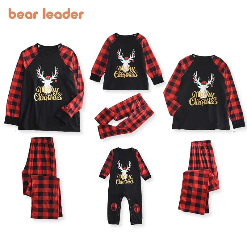 Bear Leader Christmas Father Mother Kids Clothes Top+Pants Family Matching Outfit Lattice Xmas Sleepwear Pj's Set Baby Romper