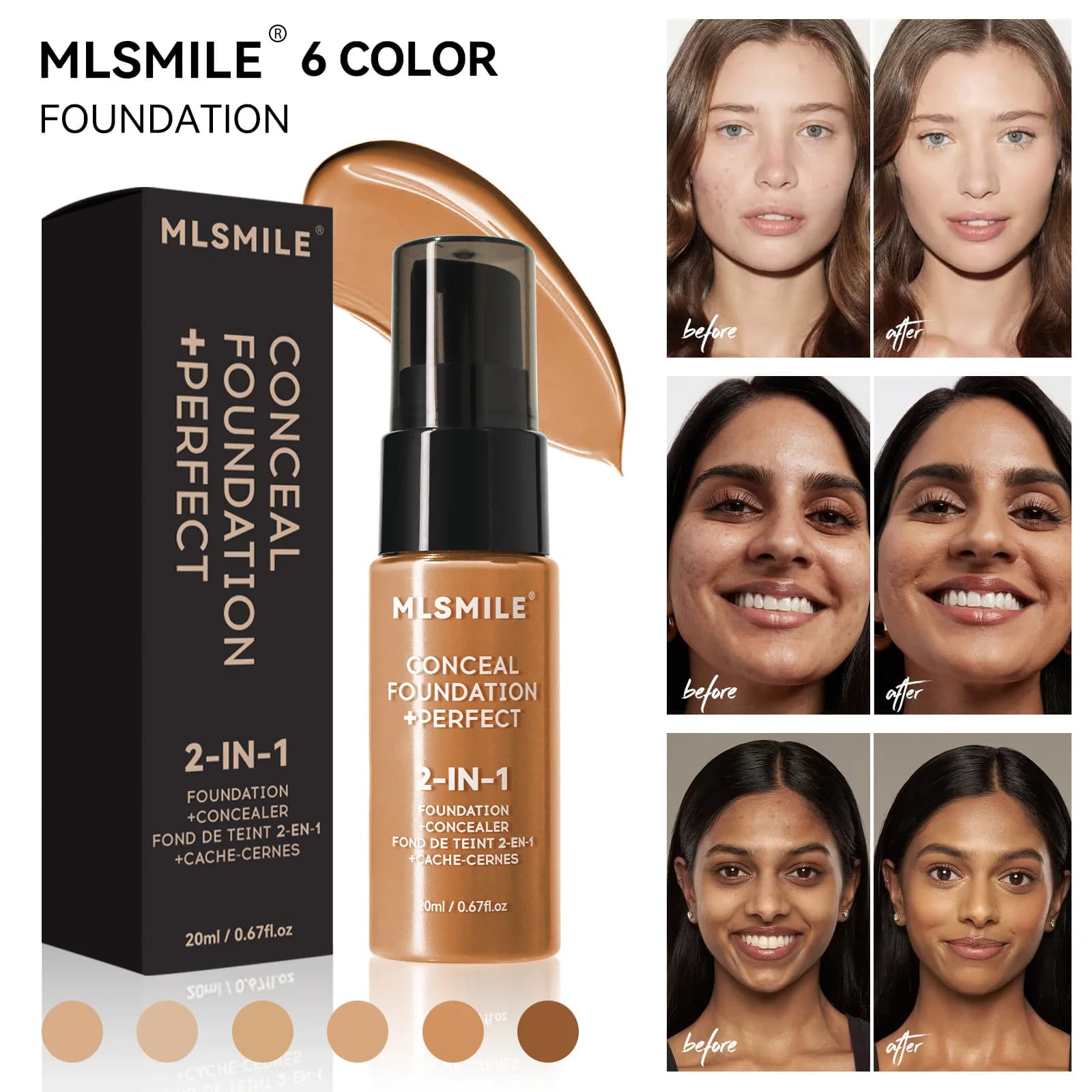 MLSMILE 6 color Powder Foundation long-Lasting Waterproof, Moisturing Sweat resistant and easy to open Oil-control concealer