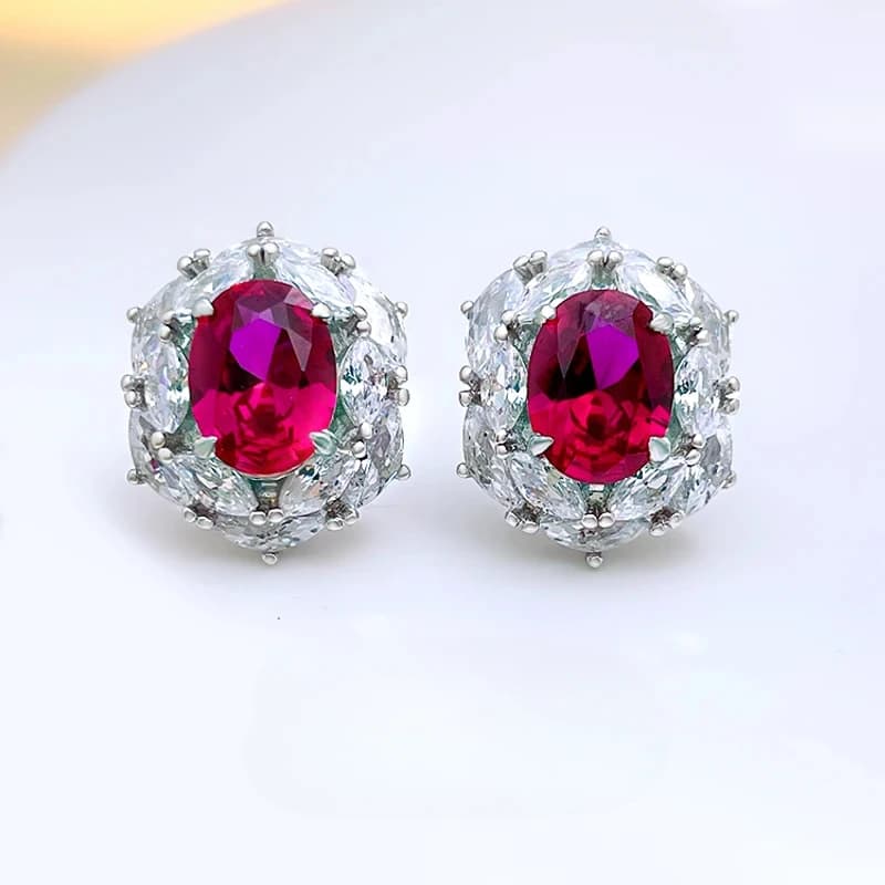 Fashionable and luxurious artificial colored treasure egg shaped classic 925 pure silver earring inlaid wedding jewelry