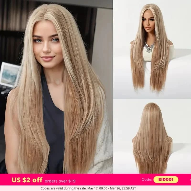 Long Straight Blonde Synthetic Wigs highlight Golden Hair Natural Female wig Middle Part Wigs For Cosplay Party Heat Resistant