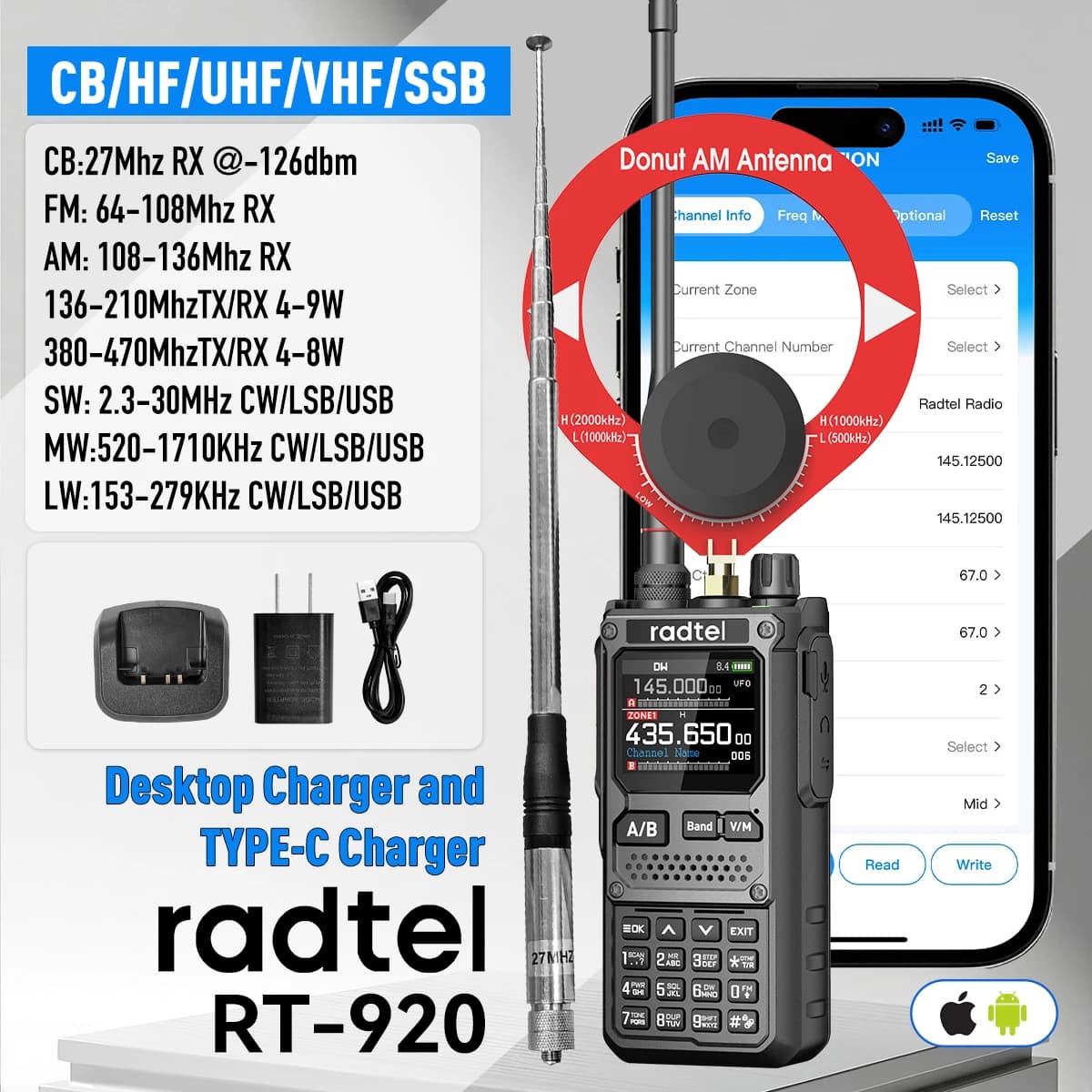 Radtel RT-920 Bluetooth App Programming Multi-Band Ham Radio CB UHF VHF HF SSB with AM USB LSB CW 960 Channels 2200mAh Battery