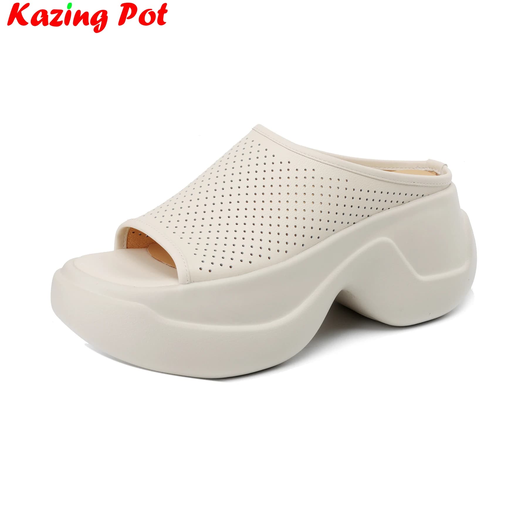 Krazing Pot Cow Leather Peep Toe Slip On High Heel Slingback Breathable Concise Mules Casual Slides Solid Platform Women Sandals