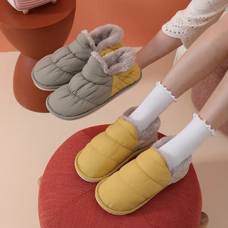 2024 Fashion Women Home Cotton Shoes Winter Warm Plush Slip On Slippers Waterproof Down Soft Bottom Indoor Couple Outside Shoes