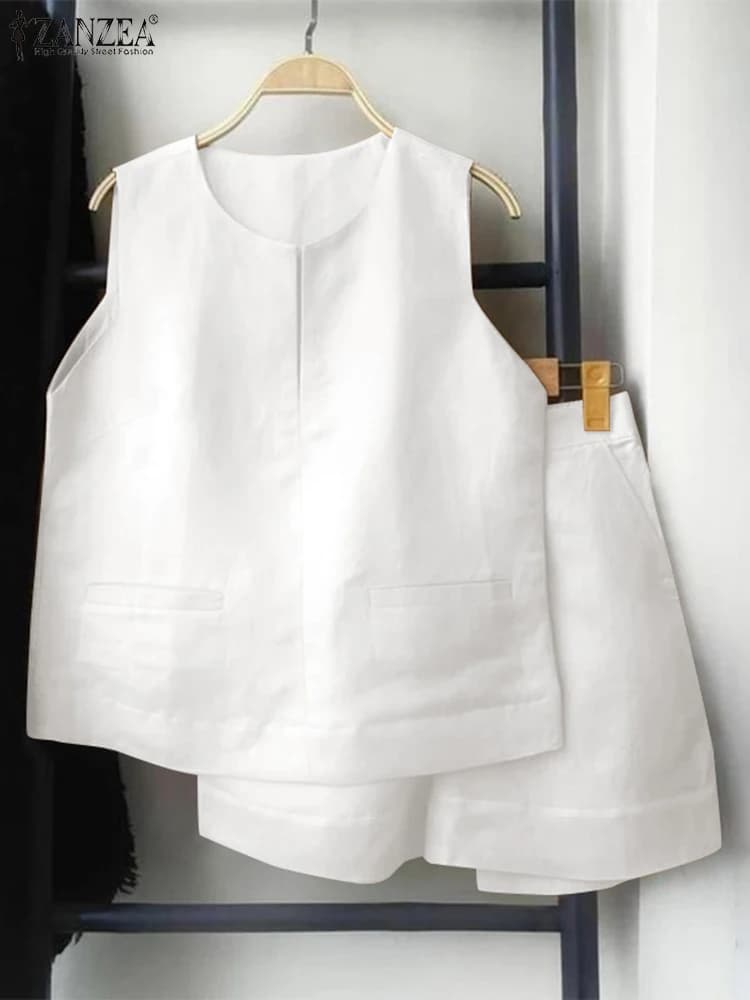 Casual Loose Sleeveless Tank and Shorts ZANZEA Women Summer 2pcs Short Sets Fashion Solid Tracksuit Sexy Pocket Matching Suits