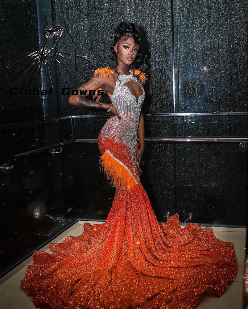 Orange O Neck Long Prom Dress For Black Girls 2024 Bead Crystal Feather Birthday Party Dresses Sequined Evening Gown Customized
