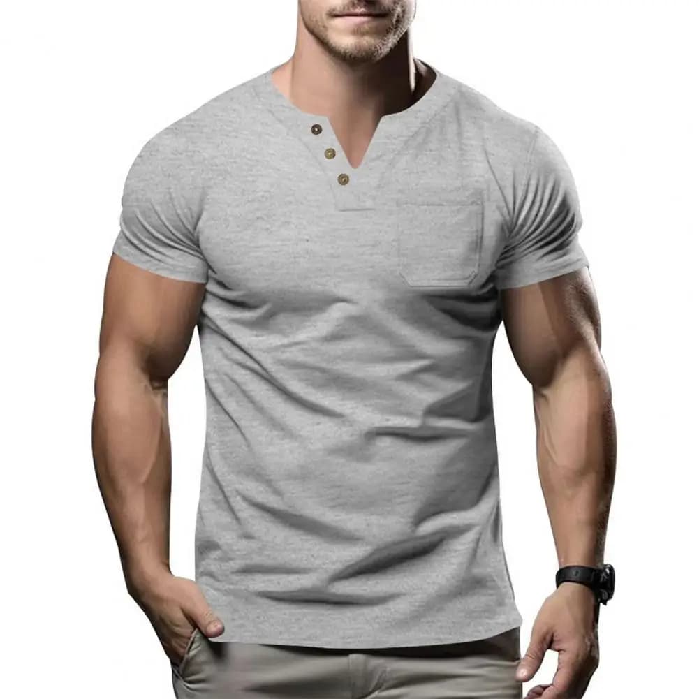 Buttoned Men Shirt Men's Slim Fit V Neck Pullover with Chest Pocket for Sport Business Wear Breathable Stretchy for Outfits