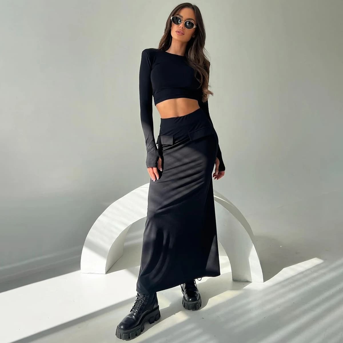 Lygens O Neck Long Sleeve Bodycon Tops Patchwork Long Skirt Women'S Sets Elegant Evening Women'S Sets Streetwear Casual Outfit
