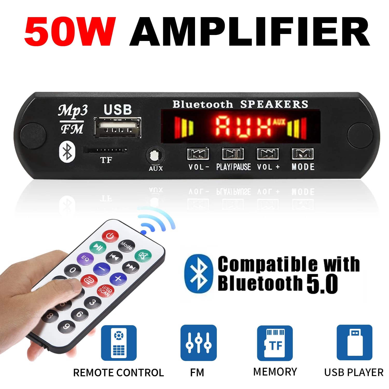 2*25W Amplifier MP3 Player Decoder Board 18V Bluetooth 5.0 50W Amplifier Car FM Radio Module Support TF USB AUX