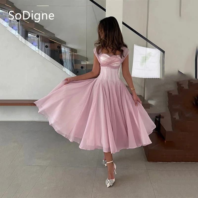 SoDigne Pink Beige Chiffon Prom Dresses A-Line Mid-Calf Square Collar Draped Party Dress Charming Cocktail Gowns Customized