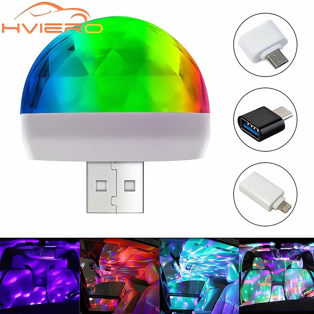 Car Led Light USB Auto DJ RGB Mini Color Music Sound Holiday Party decoration bulb Android USB-C Interface IOS Atmosphere lamp