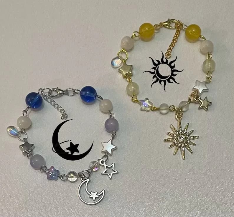Y2K Sun Moon Couple Bracelets Set 2 Pcs,Matching Beaded Bracelets,Pair y2k Bracelet,Gift for Him He,Love Themed Jewelry