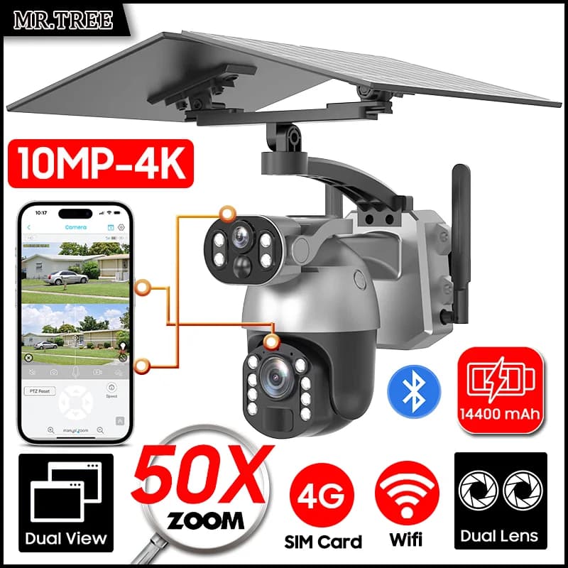 50XZOOM Solar Camera 4G SIM/WiFi Dual Lens Outdoor Security Camera with Night Vision,Waterproof Wireless Surveillance for Garden