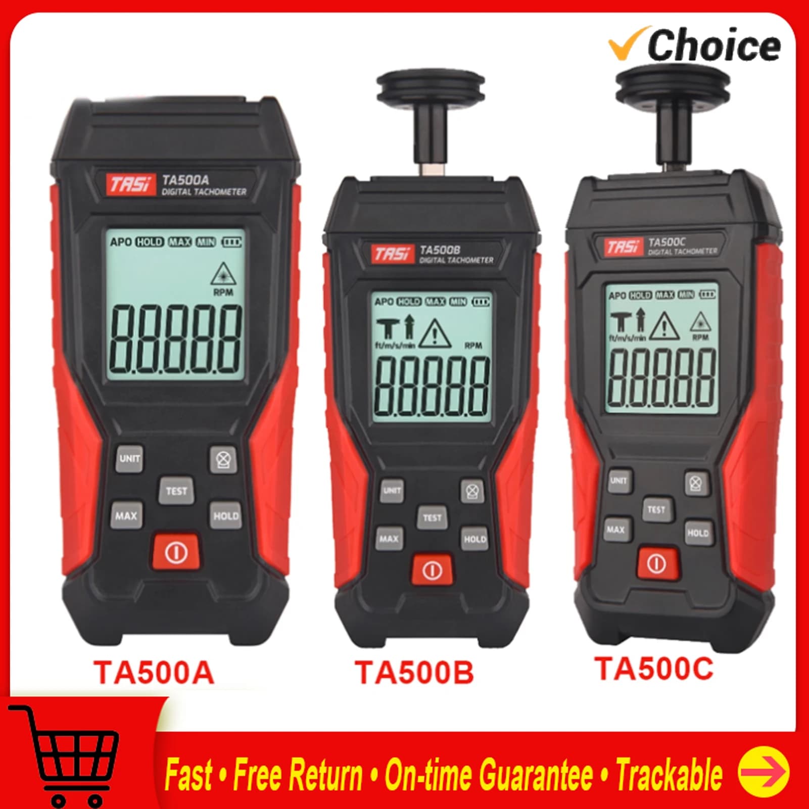 TASI TA500A/B/C Tachometer Contact&Non-contact Digital Tachometer Laser Photo Tachometer High Accuracy Max 100000 RPM Tachometer