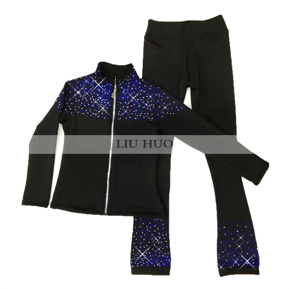 LIUHUO New Ice Figure Skating Jacket Pants Women Girl Trousers Top Black Teens Children Kids Colored Blue Rhinestones Training