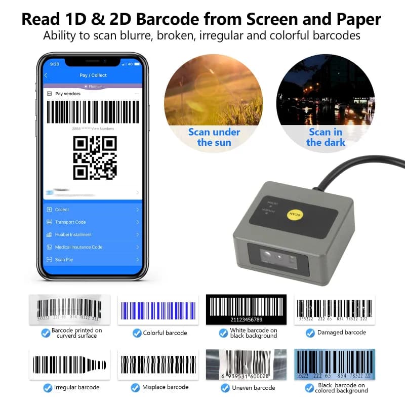 Barcode Scanner System, 1D/2D QR Code Reader With Fixed Mount For Self-Service Equipment