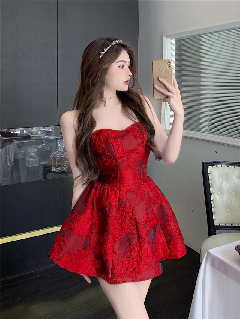 Strapless Backless Sexy Mini Dress Women Fashion Jacquard Off-shoulder Sleeveless A-line Bodycon Club Party Women Dress