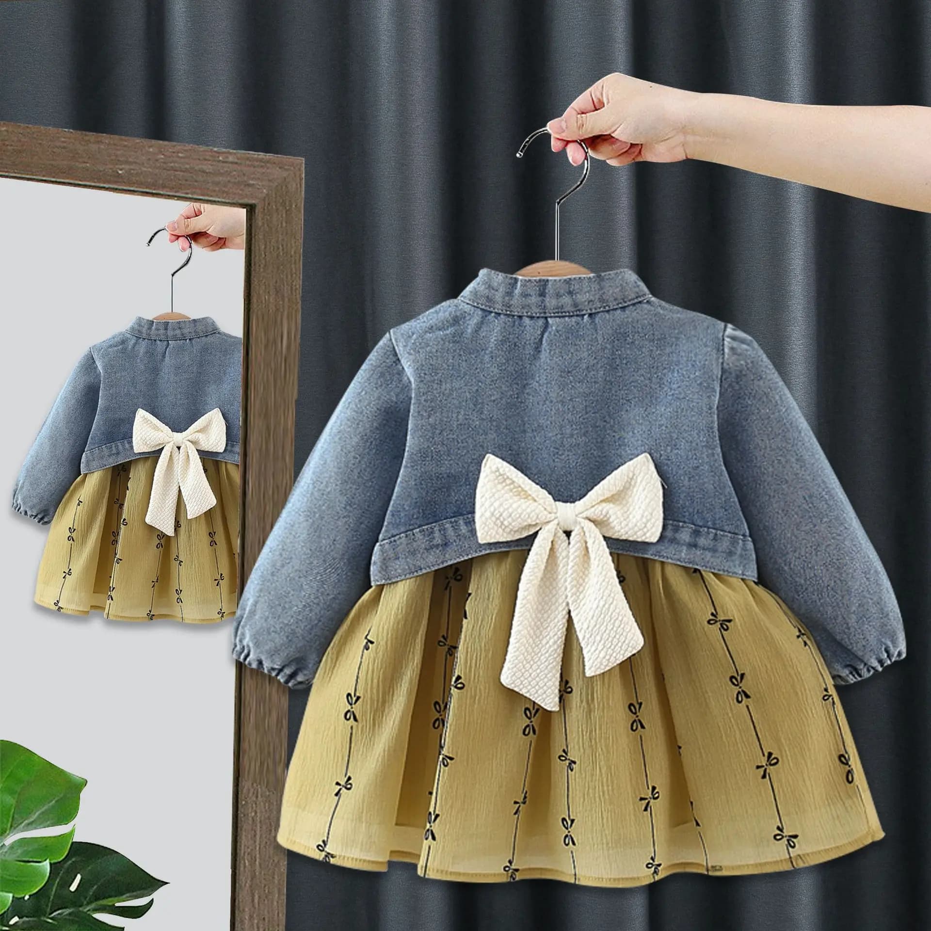 Baby Princess Dress Child Girl Autumn Suit Girl Jeans Coat + Mesh Stripe Print Dresses Two Piece Toddler Infant Clothes Set