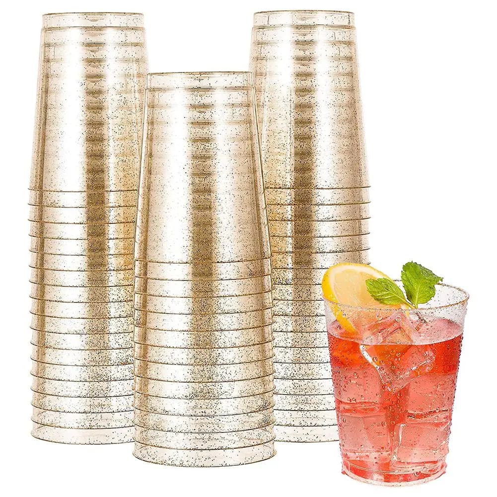 Gold Plastic Cups Disposable Gold Glitter Plastic Wine Glasses Clear Plastic Cups Tumblers Christmas Party Cups