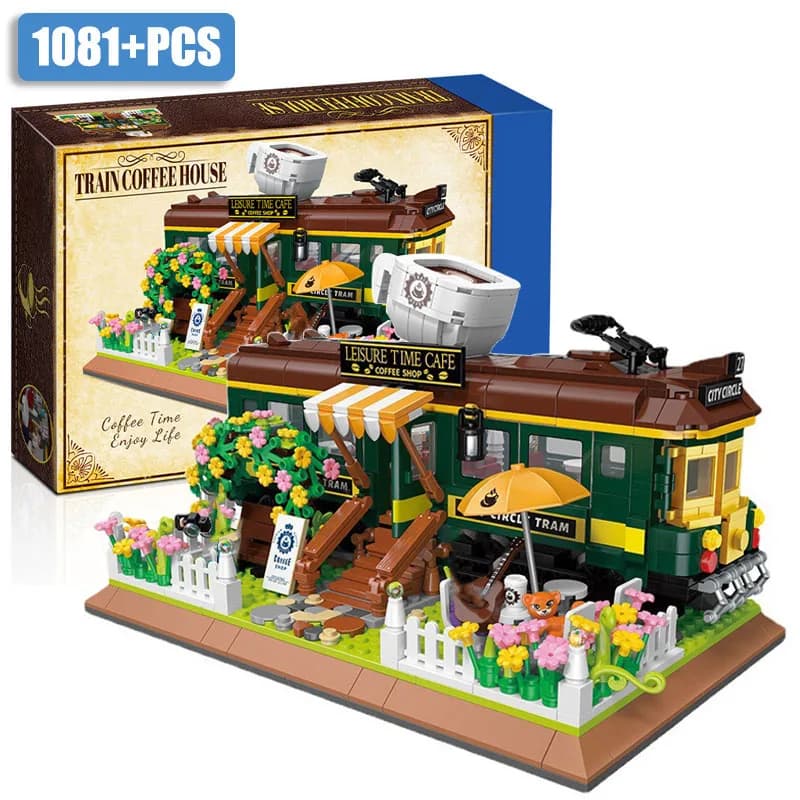 Creative Retro Train Coffee Shop Mini Size Building Blocks City Street View Train Coffee House Bricks Toys Gifts For Children